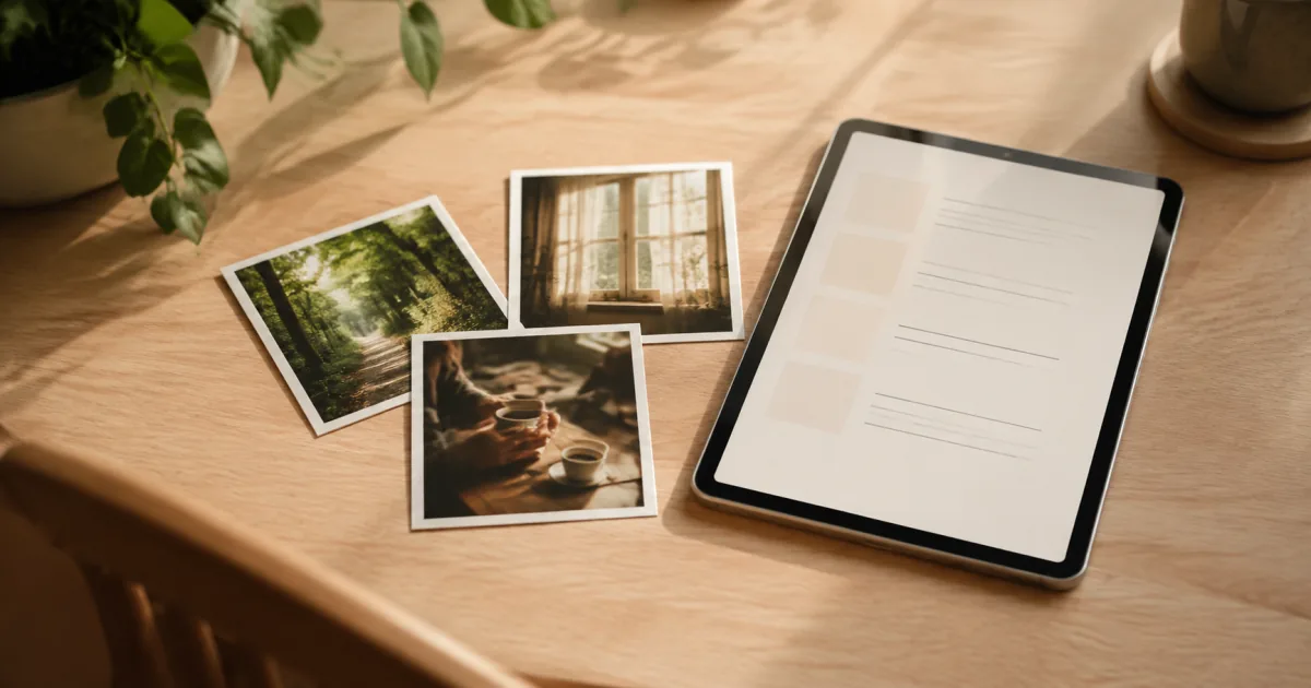 An unbranded tablet and several small photographs on a sunlit desk, arranged for looking back over a week.