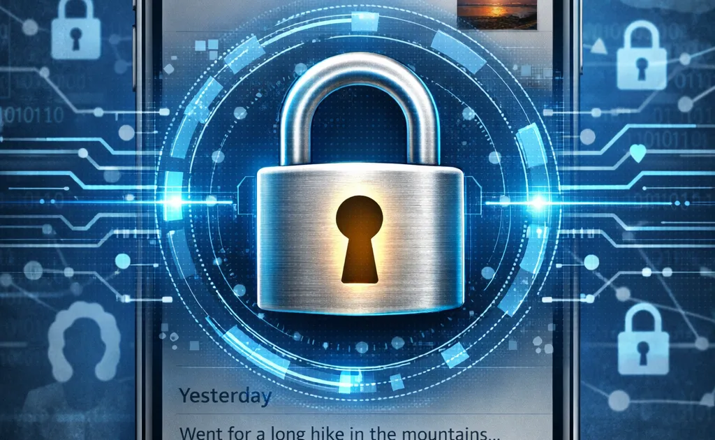 A digital journal app on a smartphone screen with a padlock overlay, representing the question of who can access your private journal entries and the importance of end-to-end encryption.